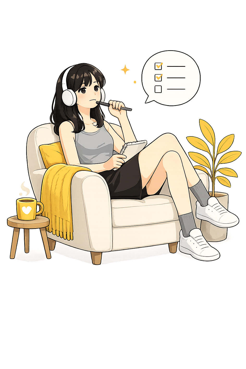 Illustration of a woman relaxing in an armchair with headphones on, pen in hand, jotting down her to-do list