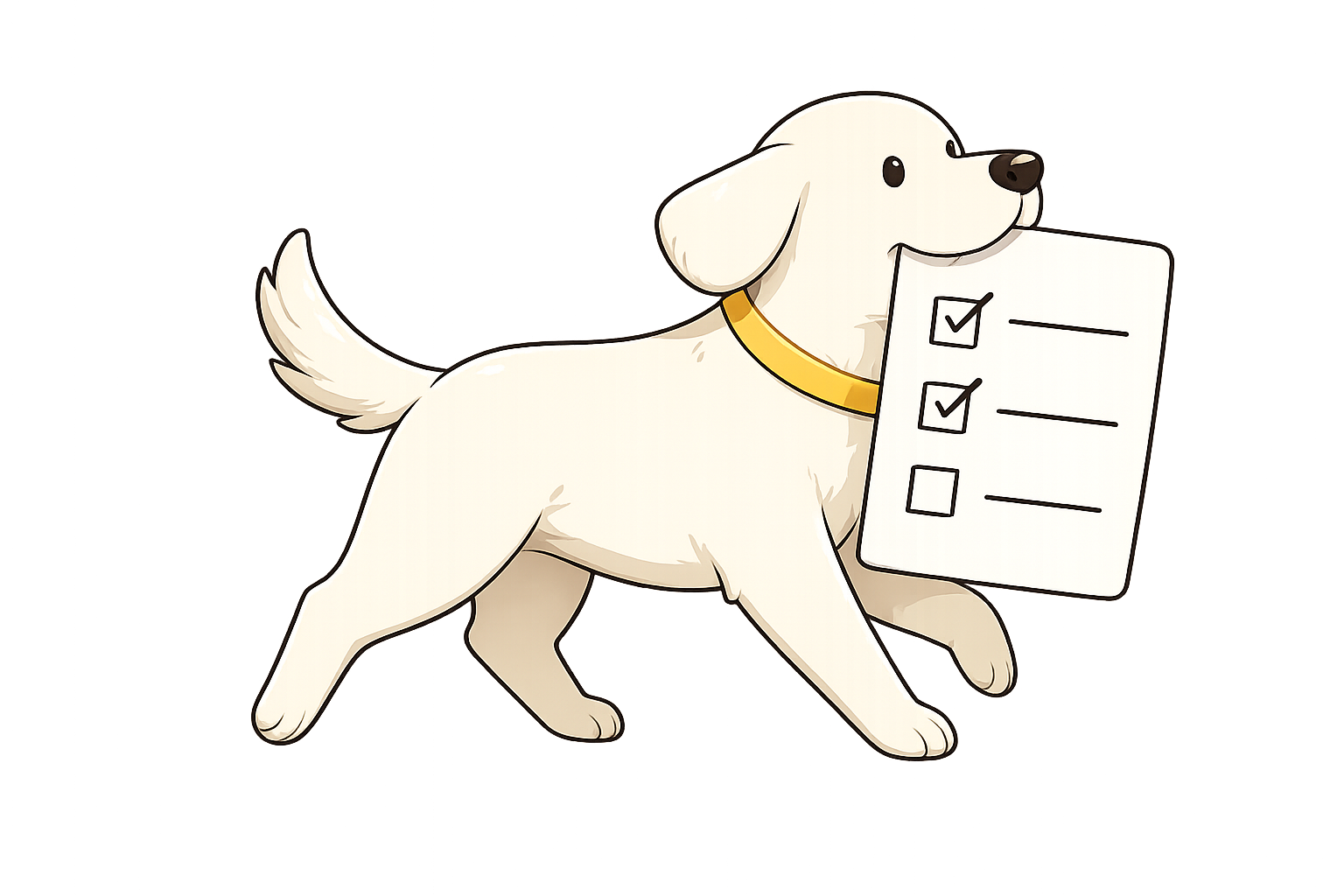Illustration of a dog trotting along with a checklist held in its mouth