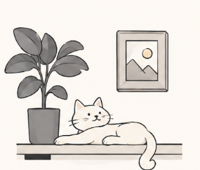 Illustration of a cat napping on a shelf beside a potted plant