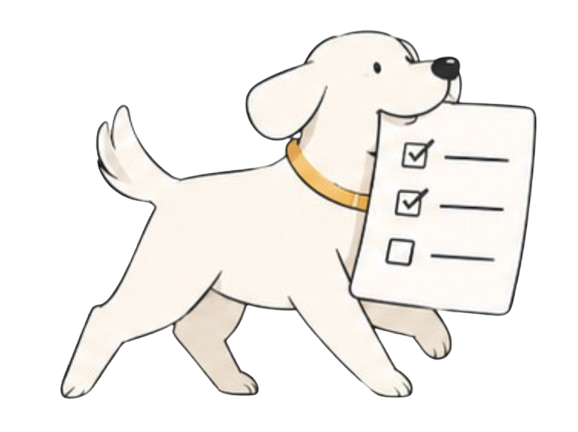 Illustration of a dog trotting along with a checklist held in its mouth