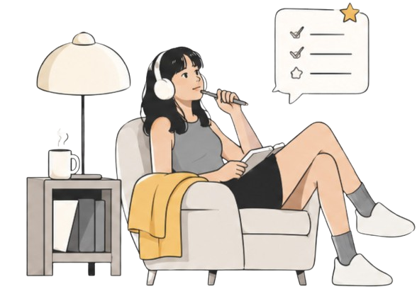 Illustration of a woman relaxing in an armchair with headphones on, pen in hand, jotting down her to-do list